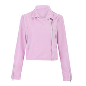 Giacca biker donna rosa pastello, zip asimmetrica, maniche lunghe, stile casual, moda femminile, abbigliamento trendy, tessuto leggero.
