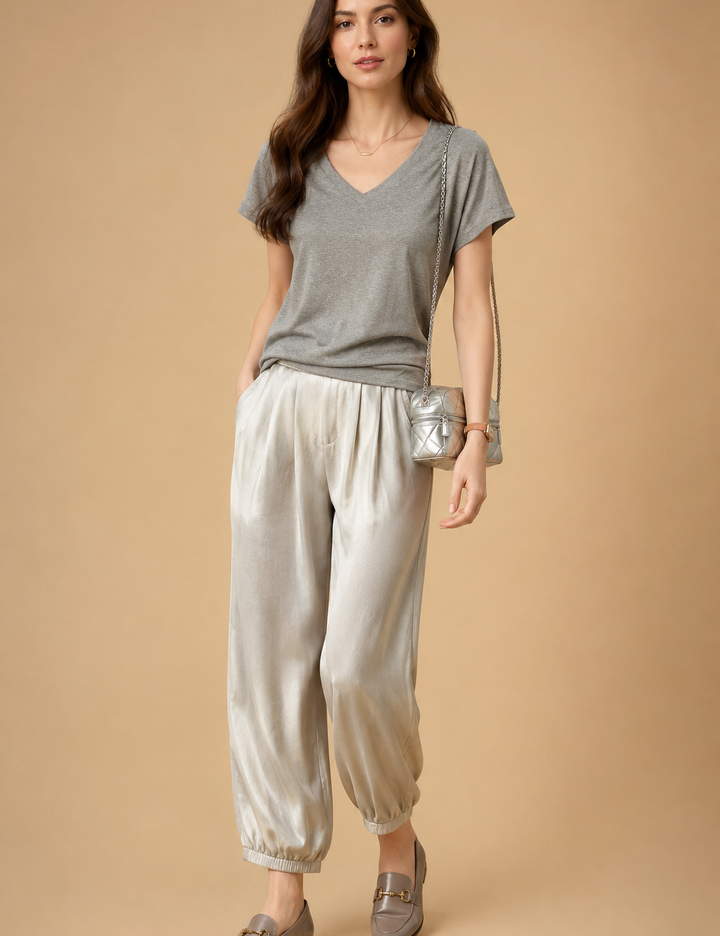 premium-european-fashion-gray-vneck-top-light-pleated-pants-silver-crossbody-bag-beige-studio-look-full-body-model-shopify-listing.png