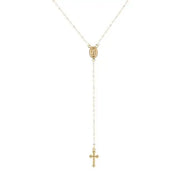 Collana rosario in oro con croce pendente e medaglia miracolosa. Gioiello religioso elegante, ideale per regali spirituali e cerimonie sacre.