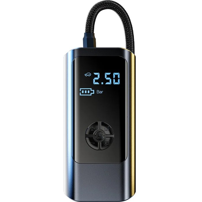 Compressore d'aria portatile digitale con display LED, indicatore pressione 2.50 bar, cavo intrecciato, ideale per auto e biciclette.