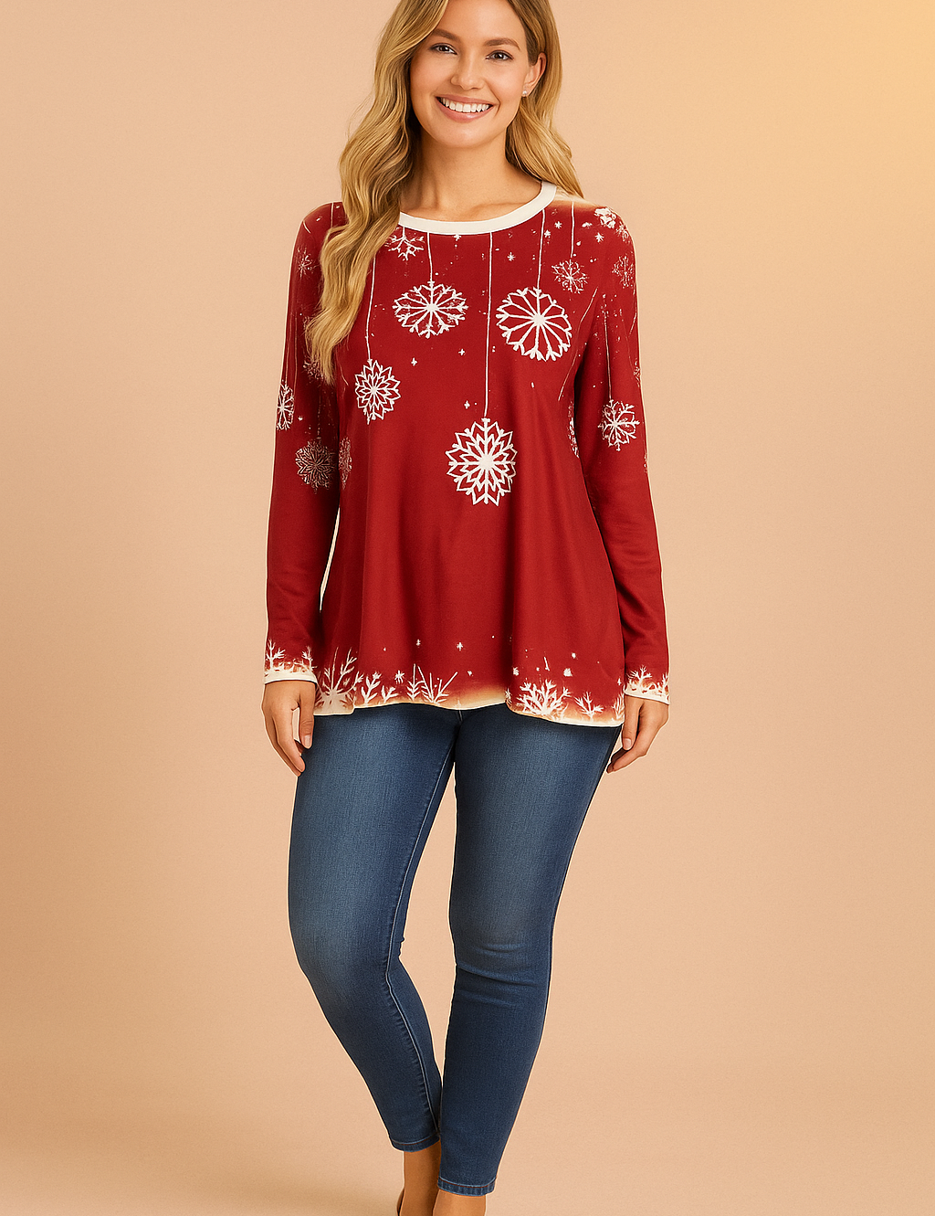Women's festive red Christmas sweater with white snowflake prints, long sleeves, and a relaxed fit — perfect for cozy winter wear or holiday gatherings.