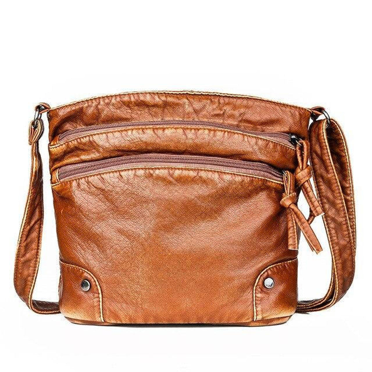 Borsa a tracolla in pelle marrone con doppie tasche frontali e cerniere, design elegante e pratico, ideale per moda donna e accessori casual.