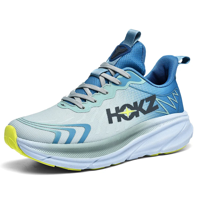 Scarpa da corsa sportiva blu e grigia con suola ammortizzata, logo laterale, dettagli gialli e lacci blu. Ideale per running e attività sportive.