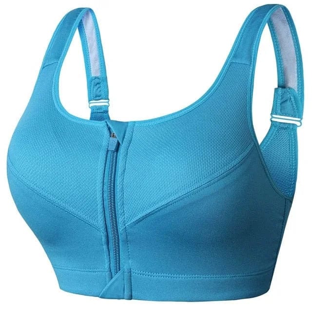 Reggiseno sportivo blu con zip frontale, spalline regolabili, tessuto traspirante. Ideale per fitness, yoga, attività sportive.