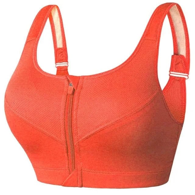 Reggiseno sportivo rosso con zip frontale, design senza cuciture, spalline regolabili, supporto elevato. Ideale per fitness e attività sportive.