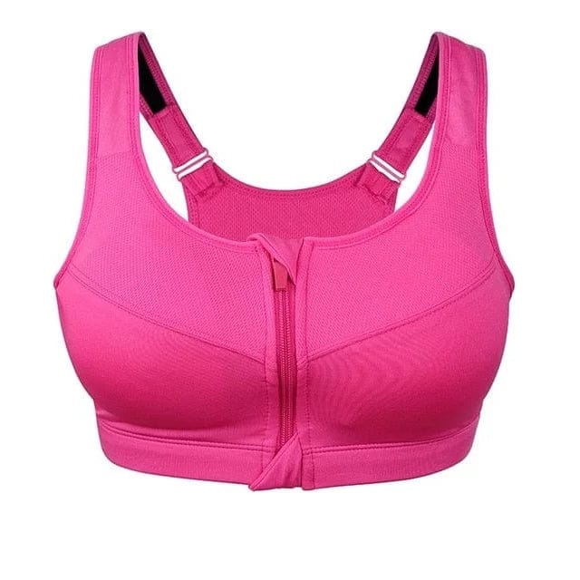 Reggiseno sportivo rosa con zip frontale, design senza cuciture, supporto elevato, ideale per fitness e allenamenti intensi.