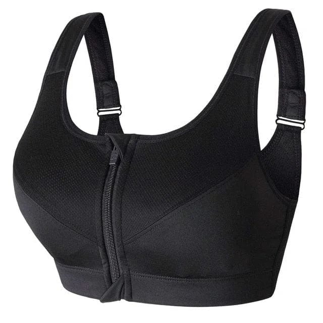 Reggiseno sportivo nero con zip frontale, spalline regolabili, design senza cuciture, supporto elevato. Ideale per fitness e attività sportive.