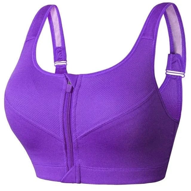 Reggiseno sportivo viola con cerniera frontale, design senza cuciture, spalline regolabili, supporto elevato. Ideale per fitness e allenamento.