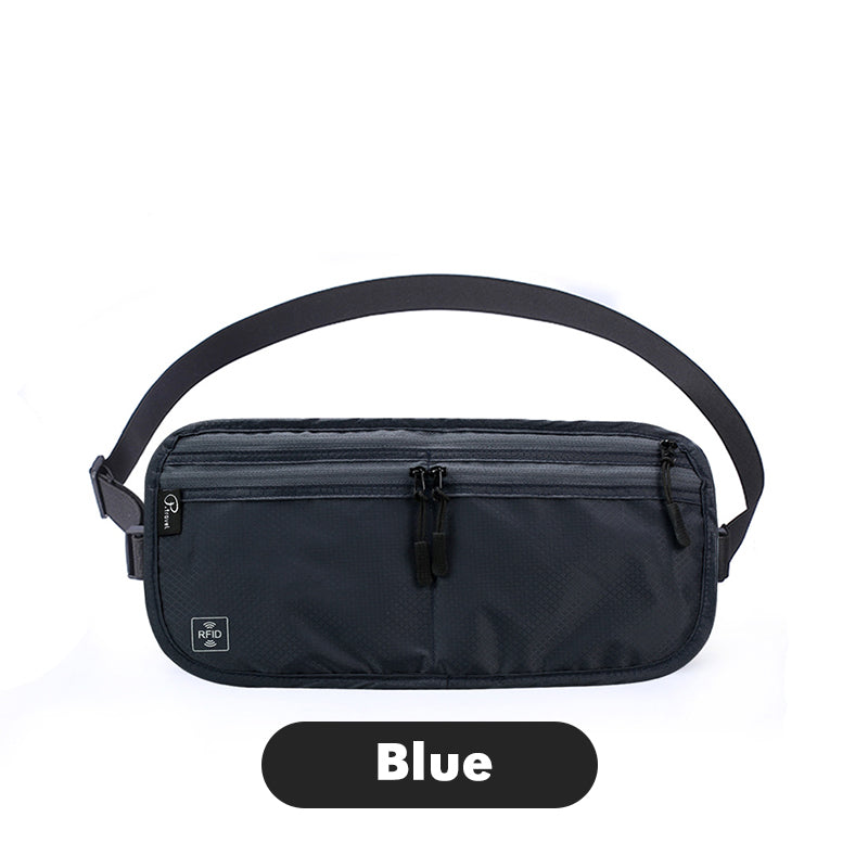 Marsupio nero con protezione RFID, tasche con zip, cintura regolabile, ideale per viaggi e sicurezza. Design compatto e funzionale.
