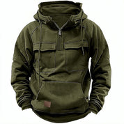 Felpa verde militare con cappuccio, tasche frontali e zip, stile casual e sportivo, ideale per abbigliamento outdoor e tempo libero.