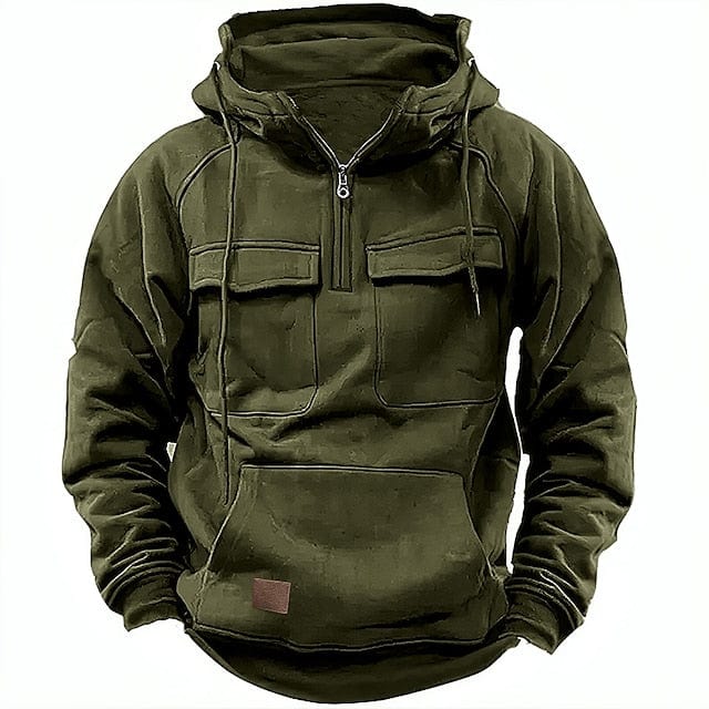 Felpa verde militare con cappuccio, tasche frontali e zip, stile casual e sportivo, ideale per abbigliamento outdoor e tempo libero.