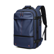 Zaino da viaggio blu impermeabile, multifunzionale, con tasche multiple e cerniere robuste, ideale per laptop e accessori, design ergonomico.