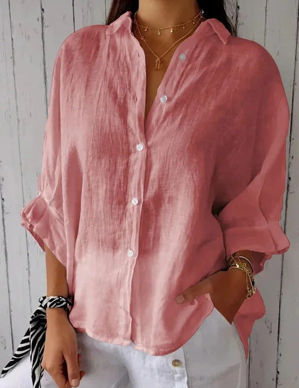 Camicia donna rosa in lino, maniche lunghe, bottoni bianchi, stile casual elegante, perfetta per primavera estate, moda femminile trendy.