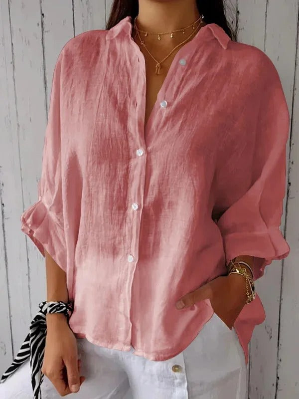 Camicia donna rosa in lino, maniche lunghe, bottoni bianchi, stile casual elegante, perfetta per primavera estate, moda femminile trendy.