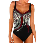 Costume intero donna nero con motivo geometrico colorato, spalline larghe. Design elegante e moderno, perfetto per la spiaggia o la piscina.