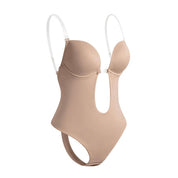 Body shaper beige con spalline regolabili, design senza cuciture, supporto push-up, ideale per abiti scollati. Intimo modellante donna.