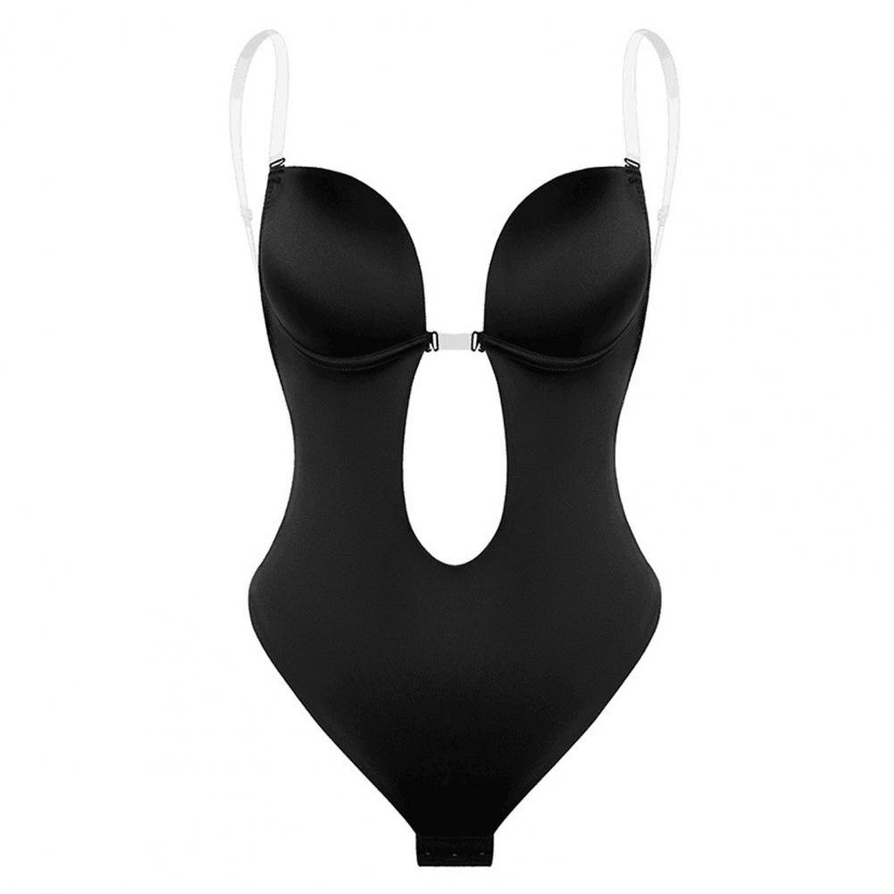 Body nero modellante con spalline trasparenti, design a cuore, scollatura profonda, ideale per abbigliamento intimo femminile elegante e sexy.