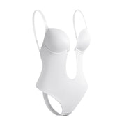 Body shaper bianco senza schiena, design a U, spalline regolabili, supporto seno, lingerie modellante per abiti scollati, intimo donna elegante.