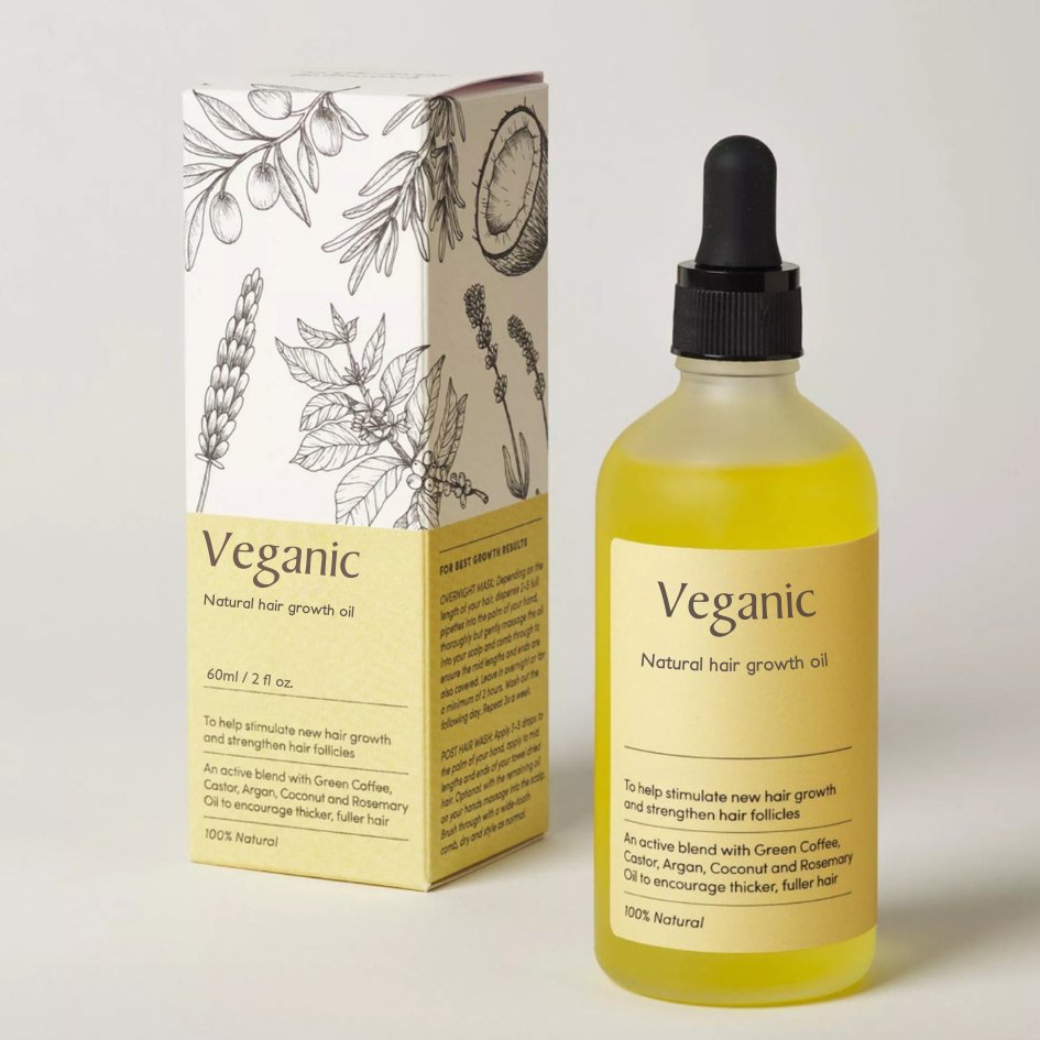 Olio per crescita capelli Veganic, 60ml, con caffè verde, ricino, argan, cocco, rosmarino. Stimola crescita capelli, 100% naturale.
