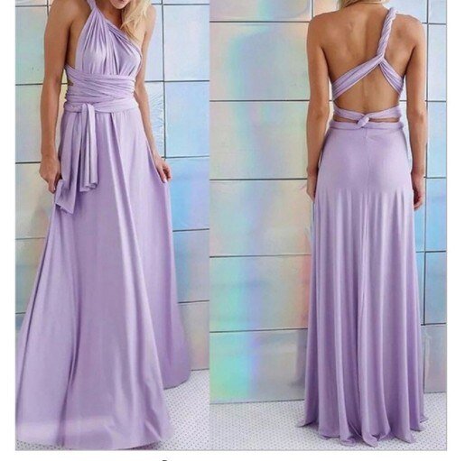 Abito lungo da sera viola lavanda, design elegante con spalline incrociate e schiena scoperta. Perfetto per cerimonie e occasioni speciali.