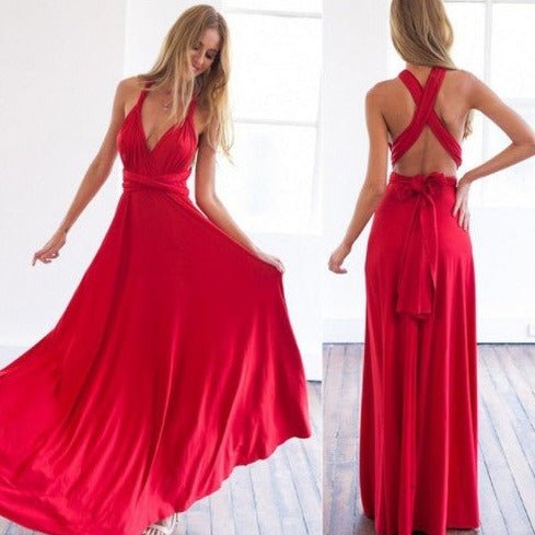 Abito lungo rosso elegante, scollo a V, schiena scoperta, tessuto fluido, perfetto per serate e cerimonie. Moda donna, abbigliamento formale.