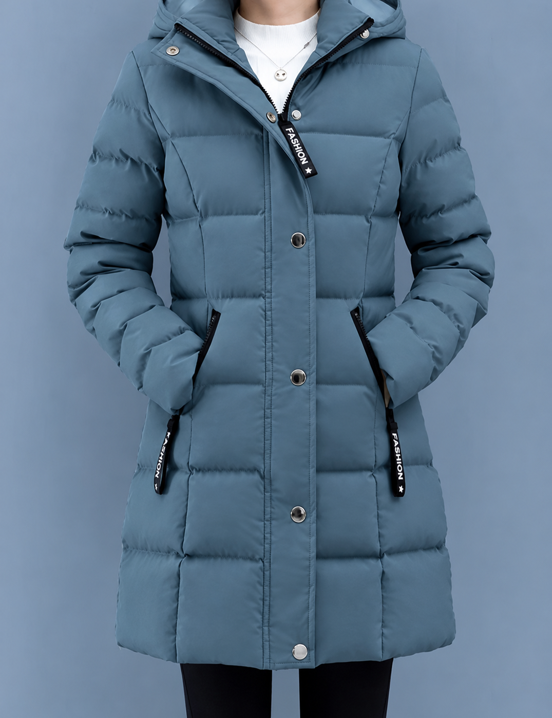Maria | Women's Mid-Length Quilted Winter Jacket with Hood and Zipper